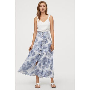 H&M Floral High Waisted Button Front A-Line Midi Skirt Blue & White Women's 6